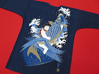 義若オリジナルの鯉口シャツ・ダボシャツ 藍調バックプリント　金太郎の鯉掴み